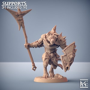 May include: A tan-colored figurine of a humanoid creature with a wolf-like face, wearing armor and holding a spiked weapon and shield. The figurine has the text "SUPPORTS INCLUDED" at the top.