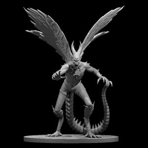 May include: A grayscale 3D-printed figurine of a demonic creature with large, detailed wings. The figure has a humanoid torso, a spiked tail, and clawed hands. It stands on a circular base, with a menacing expression.