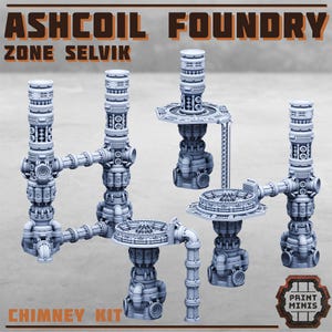 May include: A set of grey, futuristic chimney kit models. The models feature cylindrical and circular components, pipes, and detailed mechanical designs. Text on the image reads "ASHCOIL FOUNDRY", "ZONE SELVIK", and "CHIMNEY KIT".