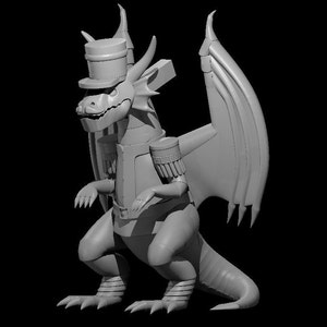 May include: A 3D-rendered dragon figurine in a military-style uniform, complete with a top hat, epaulettes, and a belt. The dragon has large wings and is posed in a standing position. The figurine is a monochromatic gray color.