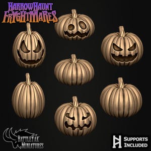 May include: Seven gold-coloured pumpkin miniatures with carved faces, ideal for Halloween. The pumpkins have different designs, including traditional jack-o'-lantern expressions. The image includes the text "Harrowhaunt Fryghtmares" and "BattleYak Miniatures."