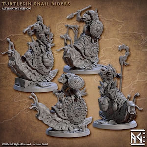 May include: Three gray, detailed miniature figurines of turtlekin riding snails. Each turtlekin is wearing armor and holding a weapon. The snails are detailed with shells and eyes. The figurines are on a brown background.