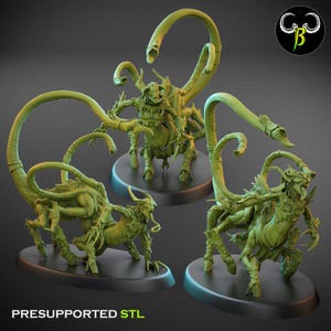 May include: Three green monster figurines with intricate detailing, featuring multiple limbs and curved tails. The figures are displayed on black circular bases. The text "PRESUPPORTED STL" is at the bottom. A logo is in the upper right corner.