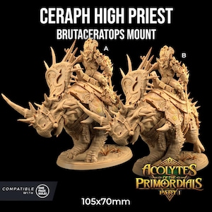 May include: A 3D printed miniature of a Ceraph High Priest riding a Brutaseratops mount. The miniature is painted in a light brown color and is 105mm x 70mm in size. The miniature is compatible with one-page rules.