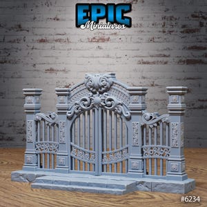 May include: A gray miniature gate with intricate scrollwork and vertical bars. The gate features decorative pillars and a detailed arched top. The text "EPIC Miniatures" is visible at the top. The model is on a stone base.
