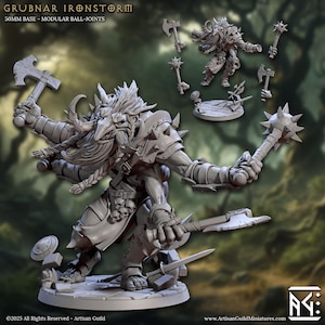 May include: A detailed grey miniature figure of Grubnar Ironstorm III, a fantasy warrior, wielding a hammer and mace. The figure is on a 50mm base with modular ball joints. Additional weapons and a smaller figure are also shown.