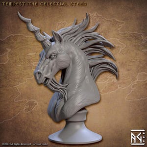 May include: A gray sculpture of a unicorn head, titled "TEMPEST THE CELESTIAL STEED." The unicorn has a detailed mane, a spiraled horn, and a stern expression. The sculpture is mounted on a pedestal. The background features a map design.