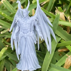 May include: A grey 3D printed figurine of a demon with wings, horns, and a flowing robe. The figurine is standing on a bed of green grass.