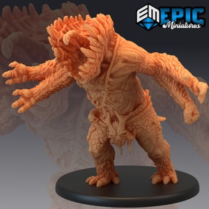 May include: A detailed, orange-coloured, 3D printed miniature of a monstrous creature with sharp teeth, claws, and a bony, skeletal-like body. The creature has four arms and is standing on a black base.