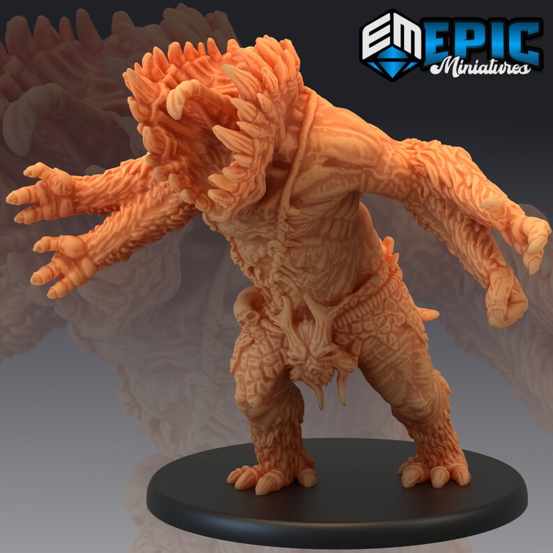 May include: A detailed, orange-coloured, 3D printed miniature of a monstrous creature with sharp teeth, claws, and a bony, skeletal-like body. The creature has four arms and is standing on a black base.
