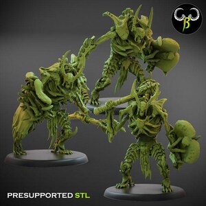 May include: Three 3D printed skeletal figures with bone-like armor and weapons. The figures are green and have a detailed, organic design. The text "PRESUPPORTED STL" is visible at the bottom of the image.