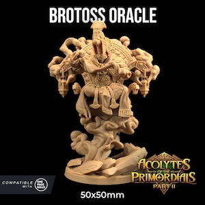 May include: A detailed miniature of a Brotoss Oracle, a figure seated on a throne of clouds, with a swirling, ethereal design. The miniature is painted in a warm, earthy tone and is compatible with the Acolytes of the Primordials Part II game. The base of the miniature is 50mm x 50mm.