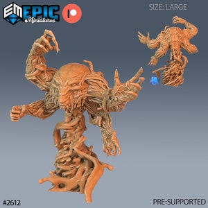 May include: A 3D printed miniature of a monstrous creature with multiple arms and a humanoid head. The creature is made of a brown, fleshy material and has a menacing expression. The miniature is pre-supported and is labelled "#2612" and "SIZE: LARGE".
