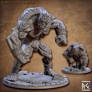 May include: A grey, detailed miniature of a giant clay golem, standing with one leg forward and its fist clenched. A smaller version of the golem is shown in the background. The text "ALTERNATIVE VERSION!" is printed below the smaller golem.