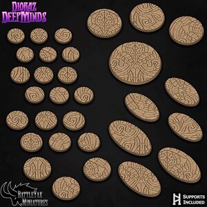 May include: A collection of tan circular and oval miniature bases featuring intricate, raised geometric patterns. The text Dioraz DeepMinds and Supports Included is visible. These textured bases are designed for tabletop gaming figures.