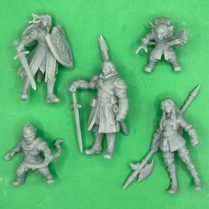 May include: A selection of unpainted miniature fantasy figures. The figures include a warrior with a sword and shield, a warrior with a spear and sword, a warrior with a bow, a warrior with an axe and spear, and a goblin with a book.