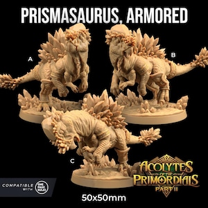 Peut inclure: Trois figurines de dinosaures miniatures en plastique non peintes avec des épines en forme de cristal. Les dinosaures sont en position de course. Les figurines sont étiquetées A, B et C. Le texte "PRISMASAURUS, ARMORED" est en haut de l'image. Le texte "ACOLYTES OF THE PRIMORDIALS PART II" est en bas de l'image. Le texte "50x50mm" est sous le texte "PART II".