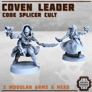 May include: A 3D printed miniature of a futuristic character with a gun and a knife. The character is wearing a long coat and has a helmet on. The miniature is part of a set of 2 modular arms and heads. The text "COVEN LEADER CODE SPLICER CULT" is visible in the image.