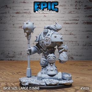 May include: A gray miniature figure of a warrior holding a mace. The figure is heavily armored and stands on a rocky base. The text "Epic Miniatures" is at the top. The base size is large, 51mm.