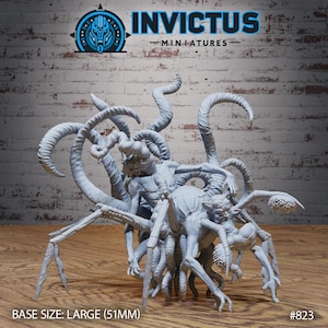 May include: A grey, multi-limbed creature with a humanoid torso and multiple tentacles. The creature has a large head with a sharp, pointed jaw. The creature is standing on a wooden surface.  BASE SIZE: LARGE (51MM) #823