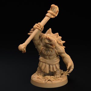 May include: A tan-colored fantasy figurine of a reptilian humanoid, holding a club aloft. The figure has a turtle-like shell, spiky protrusions, and a stern expression. It stands on a circular base with leaf details, showcasing a detailed design.