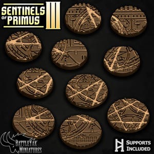 May include: A collection of brown, circular miniature bases with intricate, raised geometric designs. The bases are arranged on a dark background. The text "SENTINELS OF PRIMUS III" and "BATTLEYAK MINIATURES" are visible.