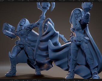 May include: Two blue painted miniature figures of female warriors, one holding a book and the other holding a staff with a skull at the top. Both figures are wearing cloaks and armor.