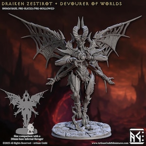 May include: A grey miniature figure of Draiken Zestirot, the Devourer of Worlds, with large, detailed wings and multiple arms. The figure is on a circular base. Text includes "DRAIKEN ZESTIROT + DEVOURER OF WORLDS" and "100MM BASE. PRE-SLICED/PRE-HOLLOWED."