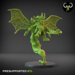 May include: A green 3D printed miniature of a goblin pirate flying on a cloud of smoke. The goblin is wearing a pirate hat and holding a sword and a pistol. The goblin has spiderweb wings and is wearing a belt with pouches. The miniature is pre-supported and ready to be printed.