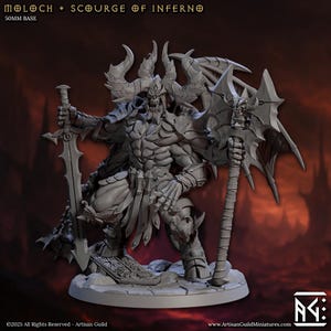 May include: A grey miniature figure of Moloch, the Scourge of Inferno, wielding a sword and a large axe-like weapon. The figure has horns, wings, and detailed armour. The base is 50mm. Text on the image reads "MOLOCH + SCOURGE OF INFERNO" and "©2025 All Rights Reserved - Artisan Guild".