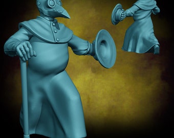 May include: A light blue figurine of a plague doctor, complete with a beak-like mask, round goggles, and a long robe. The figure is holding a cane and a round shield. A second, smaller figure is in the background.