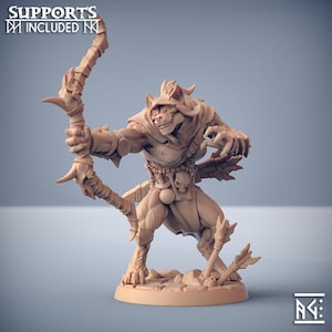 May include: A beige-colored figurine of a humanoid creature with a wolf-like head, holding a bow and arrow. The figure is in a dynamic pose, with the bow drawn back. The figurine has detailed textures and is standing on a small base. Text on the top left says "SUPPORTS INCLUDED".