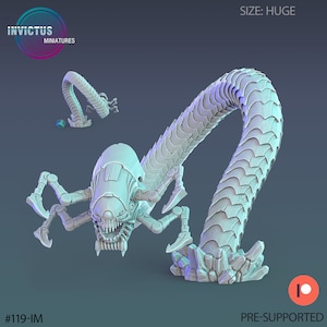 May include: A 3D printed, pre-supported, grey and white, detailed, articulated, sci-fi creature model. The model is posed in a crawling position with its head raised. The model is labelled "#119-IM" and "SIZE: HUGE".