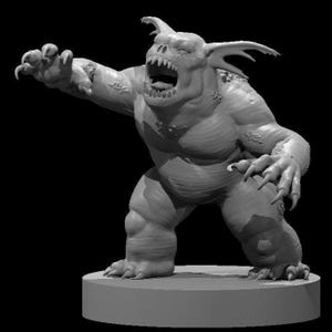 May include: A grayscale figurine of a monstrous creature with sharp claws, horns, and an open mouth. The figure is posed with one arm outstretched, as if reaching out. The creature has a muscular build and is standing on a circular base.