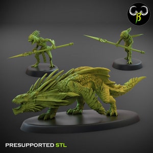 Peut inclure: Un ensemble de figurines imprimées en 3D comprenant un dragon vert avec un dos hérissé et deux humanoïdes ressemblant à des lézards verts tenant des lances. L'ensemble est étiqueté "PRESUPPORTED STL".
