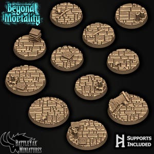 May include: A set of miniature bases with a stone brick design. Each circular base has a different small object, such as a book, bone, and skull. The bases are bronze-coloured. The text "Beyond Mortality" and "Supports Included" are visible.