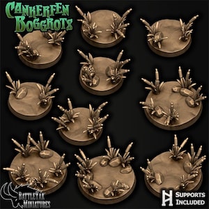 May include: A collection of miniature terrain bases, each featuring a circular, brown platform with detailed plant and rock elements. The bases are designed for tabletop gaming and include the text "Cankerfen Boggrots" and "Supports Included".