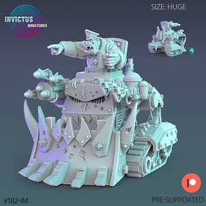 May include: A grey 3D printed model of an Ork warboss riding a heavily armed and armoured vehicle. The vehicle has a large, menacing mouth with sharp teeth and is covered in spikes and rivets. The warboss is holding a weapon in one hand and pointing with the other. The model is pre-supported and is labelled "#182-IM" and "SIZE: HUGE".