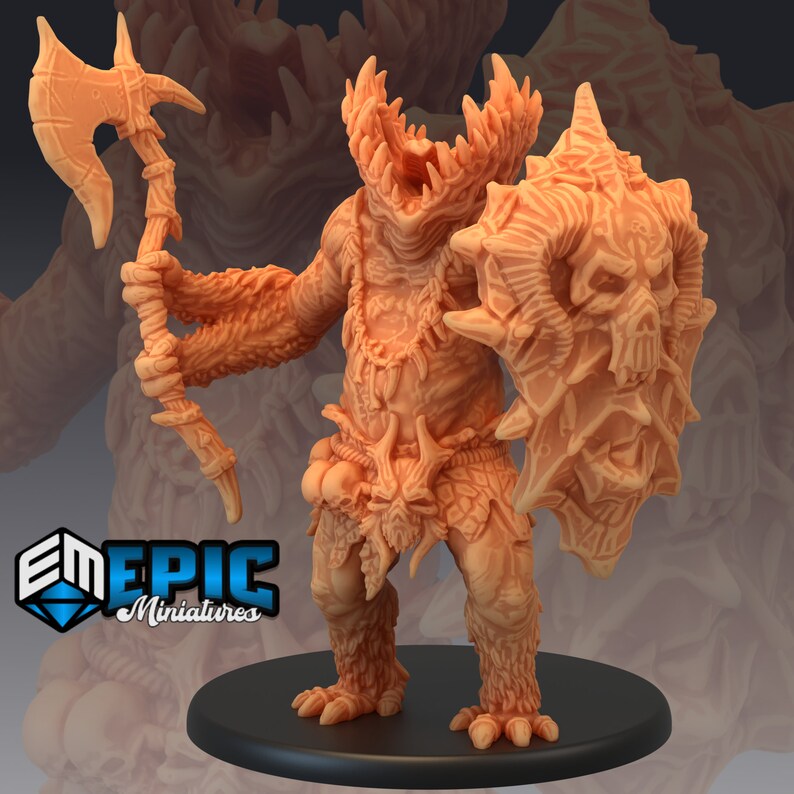 May include: A detailed miniature figurine of a monstrous creature with a large mouth, sharp teeth, and a spiked shield. The creature is wearing a bone necklace and a belt with skulls. The miniature is painted in a light brown colour.