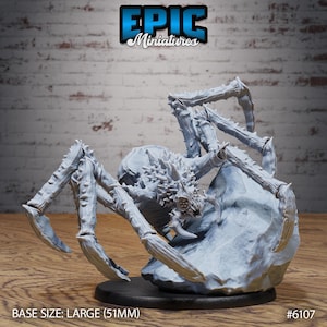May include: A detailed, light gray miniature of a large spider with spiky legs and a textured body, resting on a rock. The base size is large, 51mm. The Epic Miniatures logo is visible at the top.