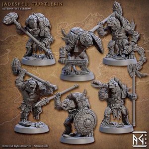 May include: Six grey plastic miniature figurines of turtlekin warriors, each with a different weapon and pose. The figures are standing on round bases. The text "JADESHELL TURTLEKIN ALTERNATIVE VERSION!" is at the top of the image.