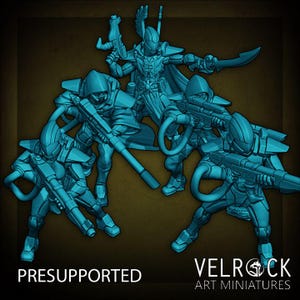 May include: A group of blue miniature figurines of futuristic soldiers, some with rifles and one with a sword. The figurines are in various action poses. The text "PRESUPPORTED" and "VELROCK ART MINIATURES" are visible.