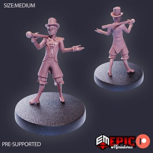 May include: A 3D printed miniature of a character wearing a top hat and holding a cane. The miniature is painted in a light pink color and is standing on a round base. The miniature is pre-supported and is ready to be printed.