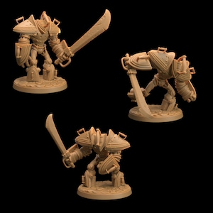 May include: A miniature metal robot figure with a sword and shield, painted in a brown color. The robot is standing on a round base.