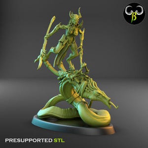 May include: A green 3D-printed figurine of a warrior riding a serpentine creature. The warrior is holding two weapons and is adorned with armor and horns. The creature has a long, serpentine body and a detailed head. The base reads "PRESUPPORTED STL".