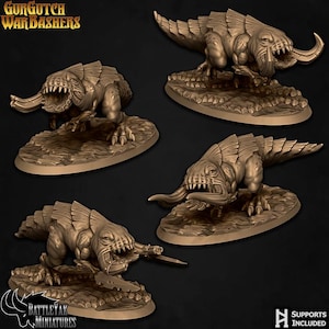 May include: Four bronze-coloured miniature Gorgutch Warbashers figures. Each figure is a detailed, reptilian creature with sharp teeth and a curved horn. The figures are on textured bases, with the BattleYak Miniatures logo visible.