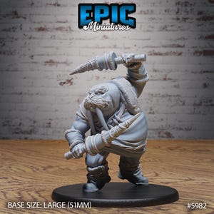 May include: A gray miniature figure of a walrus-like creature holding two large, pointed weapons. The figure is wearing a fur-lined coat and boots. The base size is large (51mm). The Epic Miniatures logo is visible.