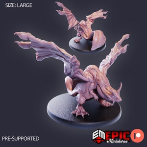 May include: A 3D printed miniature of a pink dragon with wings outstretched. The dragon is posed in a standing position with its head tilted slightly to the side. The miniature is pre-supported and comes in a large size.