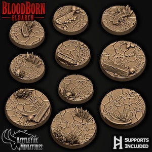 May include: Eleven bronze miniature bases with detailed designs. Each circular base features cracked earth, stylized plants, and crystal formations. The bases are designed for miniature figures. The image includes the text "BLOODBORNE ELDARCH" and "BATTLE YAK MINIATURES", with "SUPPORTS INCLUDED" text.