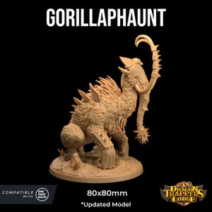 May include: A detailed, 80mm tall, unpainted, beige plastic miniature of a Gorillaphaunt, a creature with a gorilla-like body and a long, curved trunk. The miniature is compatible with One Page Rules.